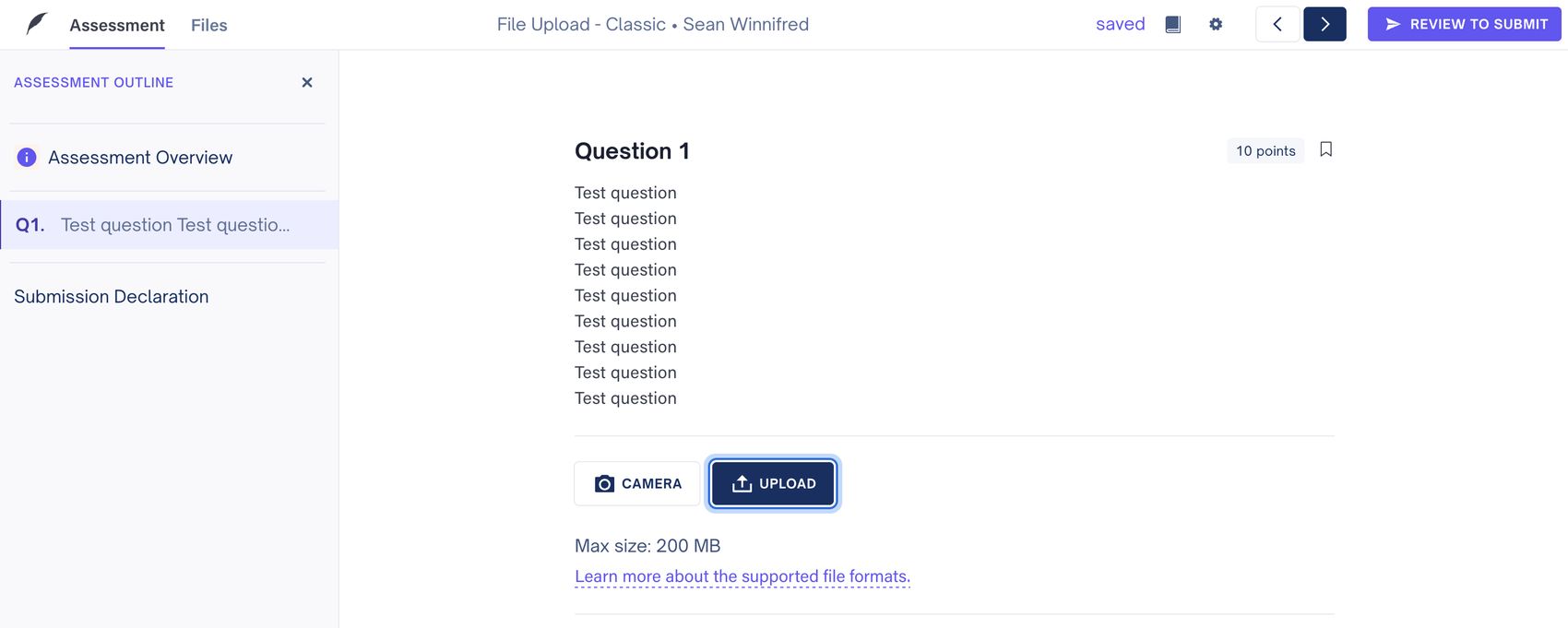 Student view of a question with Camera and Upload buttons and a 200MB size limit