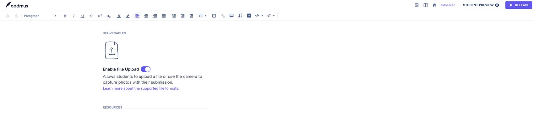 Cadmus assessment editor showing the Enable File Upload toggle under Deliverables