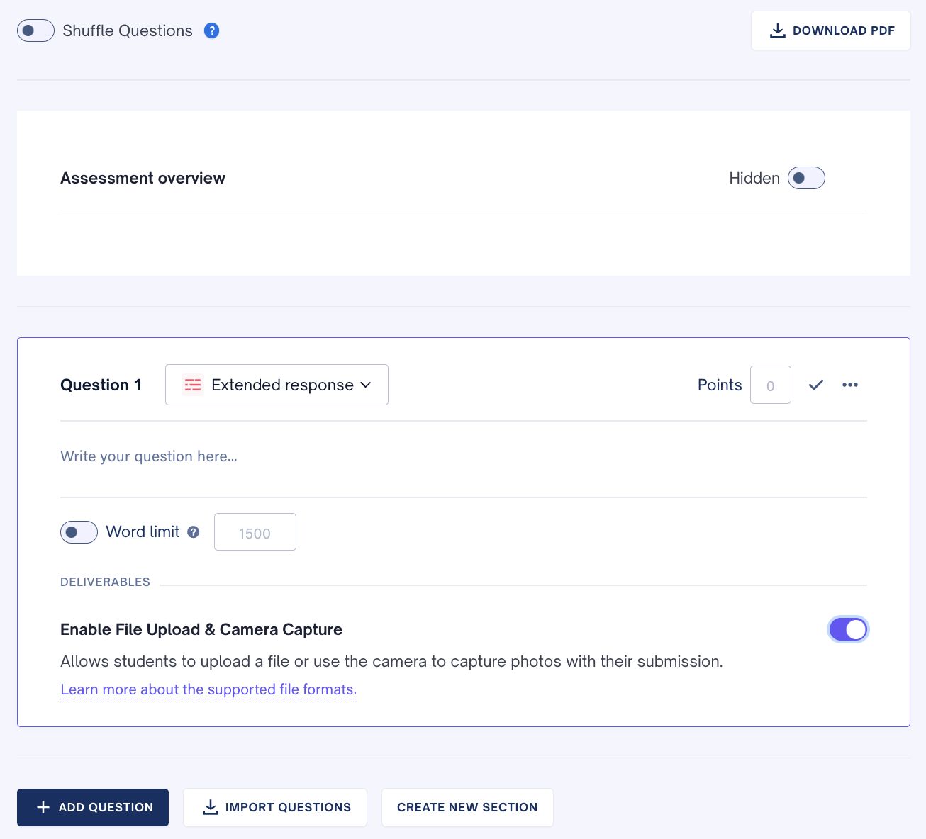 MFA question builder showing Enable File Upload and Camera Capture toggle on an extended response question