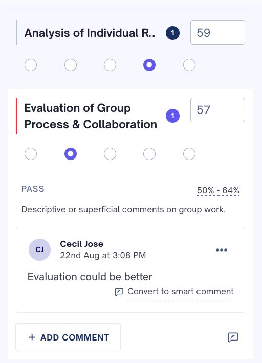 Rubric criterion with a marker comment and a Convert to smart comment action