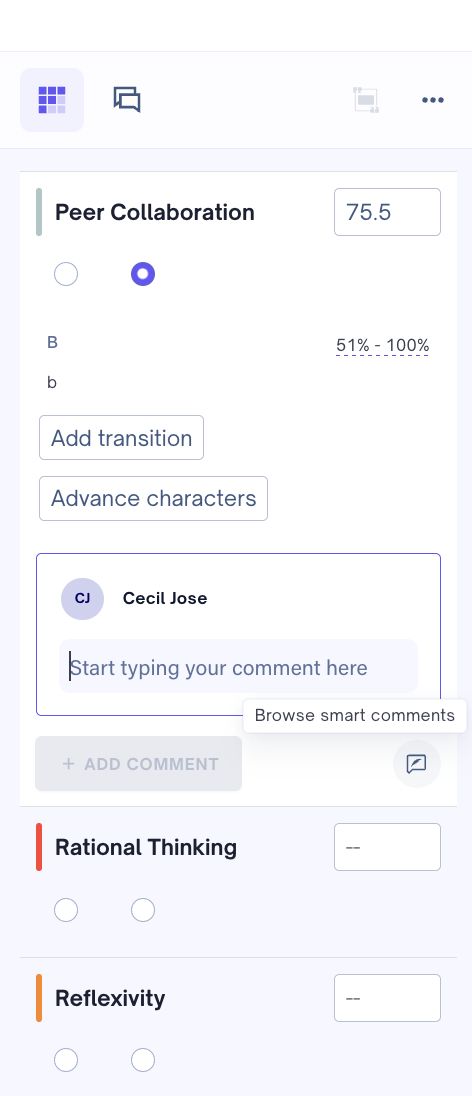 Rubric criteria panel with a comment field and a Browse smart comments control