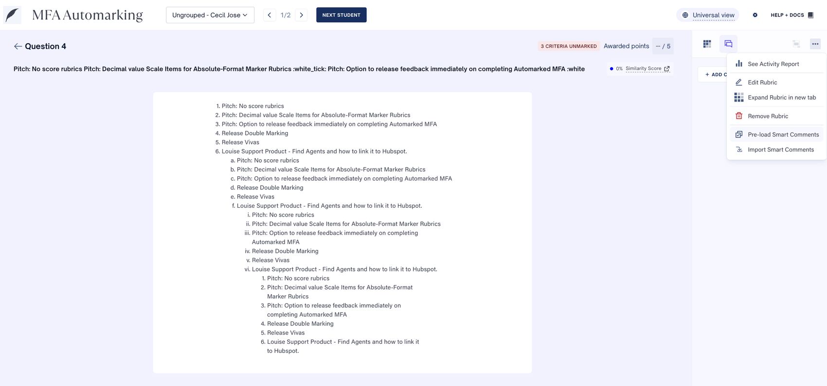 MFA marking view with the rubric menu open, showing Pre-load Smart Comments and Import Smart Comments