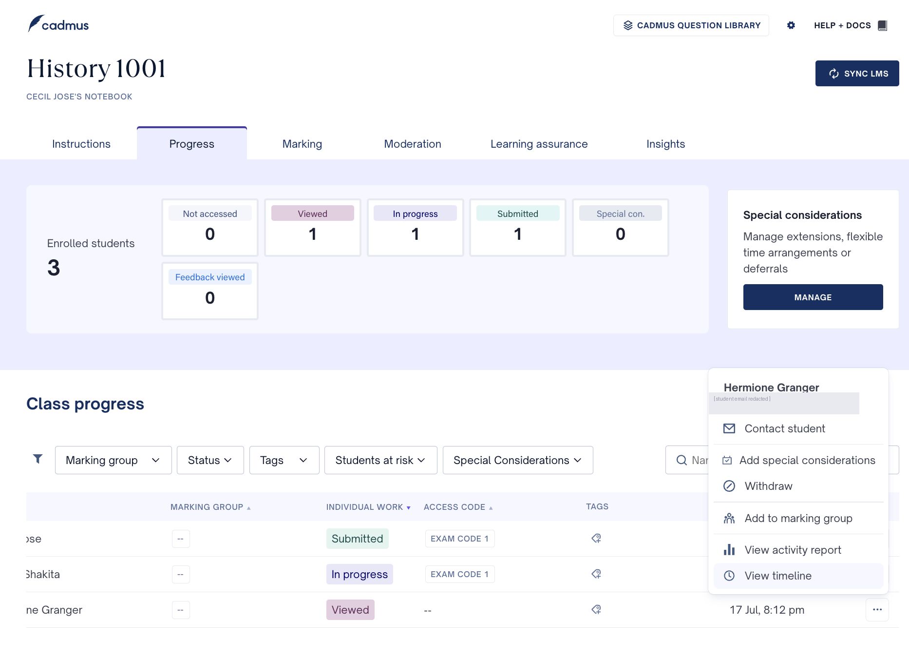 Cadmus class progress page with the per-student menu open, showing View timeline